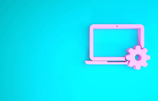 Pink Laptop dan gear icon diisolasi dengan latar belakang biru. Konsep layanan laptop. Penyesuaian, pelayanan, pengaturan, pemeliharaan, perbaikan, perbaikan. Konsep minimalisme. Tampilan 3D ilustrasi 3d — Stok Foto