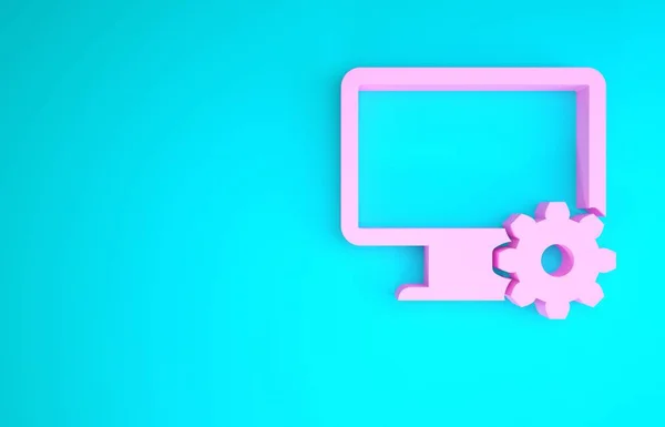 Pink Computer monitor dan gear icon terisolasi pada latar belakang biru. Penyesuaian, pelayanan, pengaturan, pemeliharaan, perbaikan, perbaikan. Konsep minimalisme. Tampilan 3D ilustrasi 3d — Stok Foto