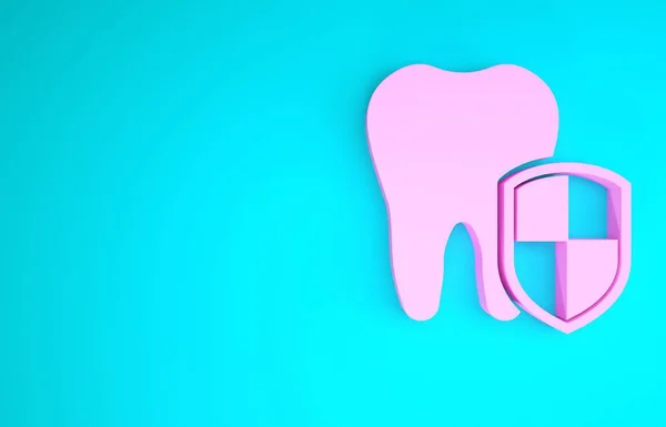 Icono de protección dental rosa aislado sobre fondo azul. Diente con logo de escudo. Concepto minimalista. 3D ilustración 3D render — Foto de Stock