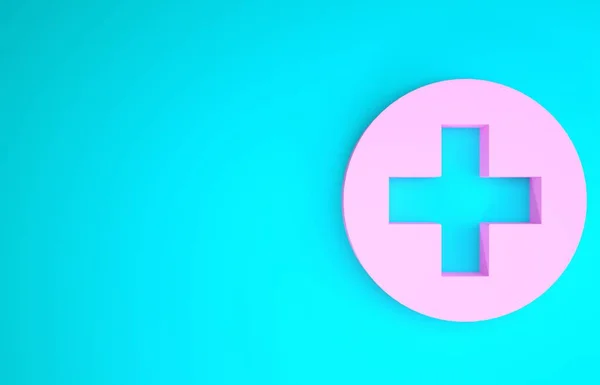 粉色医学交叉圆形图标孤立在蓝色背景. 急救医疗符号。 最低纲领的概念。 3d说明3d — 图库照片