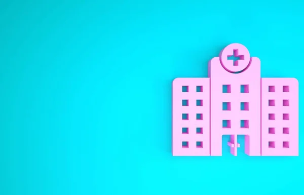 Pink Medical hospital building with cross icon isolated on blue background. Medical center. Health care. Minimalism concept. 3d illustration 3D render