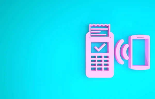 Terminal de punto de venta rosa con receptor impreso y confirma el pago por icono de teléfono inteligente aislado sobre fondo azul. Concepto de pago NFC. Concepto minimalista. 3D ilustración 3D render — Foto de Stock