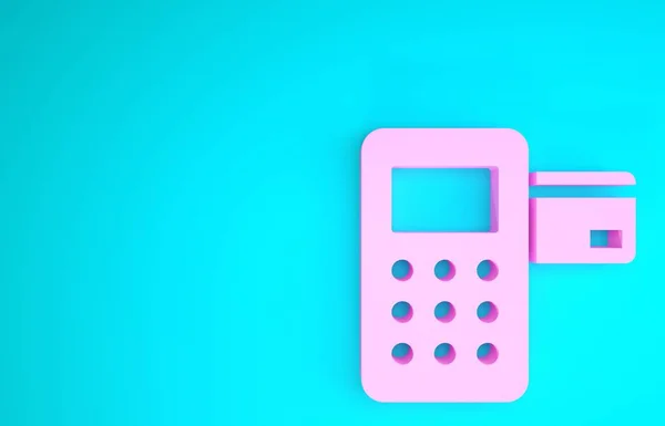 Pink Pos τερματικό με ενσωματωμένο εικονίδιο πιστωτικής κάρτας απομονώνονται σε μπλε φόντο. Συναλλαγή τερματικού πληρωμής. Μινιμαλιστική έννοια. 3D απεικόνιση 3d καθιστούν — Φωτογραφία Αρχείου
