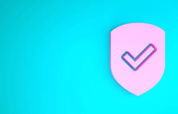 Escudo rosa con icono de marca de verificación aislado sobre fondo azul. Símbolo de protección Control de seguridad Icono. Marca el icono aprobado. Concepto minimalista. 3D ilustración 3D render — Foto de Stock