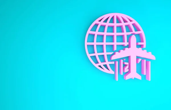 Globo rosa con icono de avión volador aislado sobre fondo azul. El avión vuela alrededor del planeta tierra. Icono del mundo de los aviones. Concepto minimalista. 3D ilustración 3D render —  Fotos de Stock