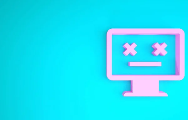 Pink Dead icona del monitor isolato su sfondo blu. 404 errore come pc con emoji morto. Errore fatale nel sistema informatico. Concetto minimalista. Illustrazione 3d rendering 3D — Foto Stock