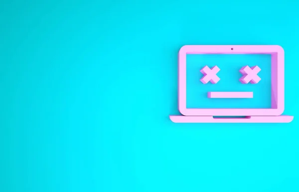 Rosa Morto icona del computer portatile isolato su sfondo blu. 404 errore come computer portatile con emoji morto. Errore fatale nel sistema informatico. Concetto minimalista. Illustrazione 3d rendering 3D — Foto Stock
