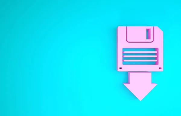 Icona di backup del disco floppy rosa isolata su sfondo blu. Segno di dischetto. Concetto minimalista. Illustrazione 3d rendering 3D — Foto Stock