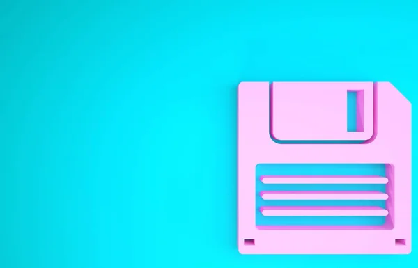 Pink Floppy disk para el icono de almacenamiento de datos de computadora aislado sobre fondo azul. Signo de disquete. Concepto minimalista. 3D ilustración 3D render — Foto de Stock