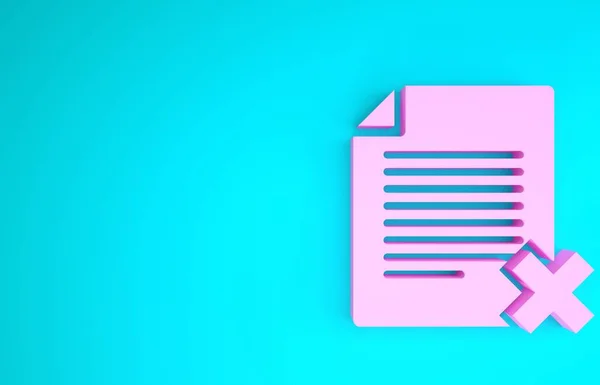 Pink Delete file document icon isolated on blue background. Rejected document icon. Cross on paper. Minimalism concept. 3d illustration 3D render