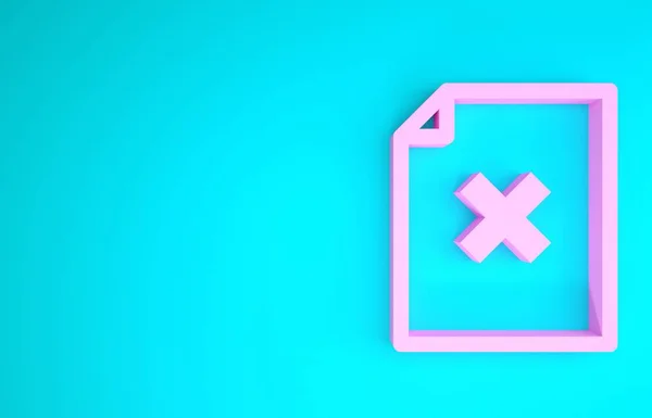 Pink Delete file document icon isolated on blue background. Rejected document icon. Cross on paper. Minimalism concept. 3d illustration 3D render