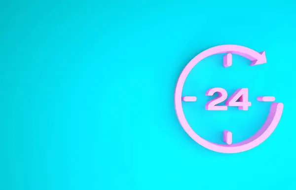 Relógio rosa 24 horas ícone isolado no fundo azul. Ícone cíclico o dia todo. 24 horas de símbolo de serviço. Conceito de minimalismo. 3D ilustração 3D render — Fotografia de Stock
