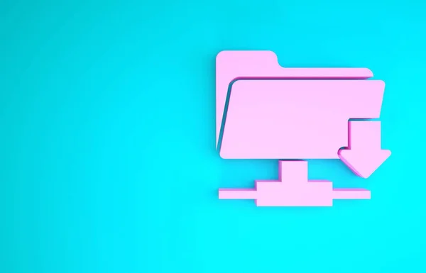 Розовая FTP папка скачивания значок выделен на синем фоне. Обновление программного обеспечения, протокол передачи, маршрутизатор, управление инструментами командной работы, копирование процесса. Концепция минимализма. 3D-рендеринг — стоковое фото