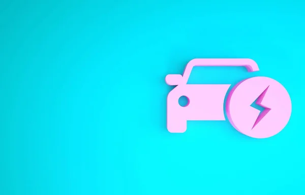 Pink Electric car and electrical cable plug charging icon isolated on blue background. Renewable eco technologies. Minimalism concept. 3d illustration 3D render