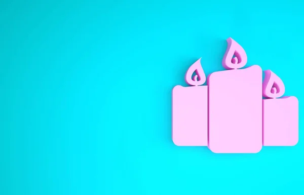 Pink Burning kaarsen pictogram geïsoleerd op blauwe achtergrond. Ouderwetse kaarsen. Cilindrische aromatische kandelaars met brandende vlammen. Minimalisme concept. 3d illustratie 3d renderen — Stockfoto
