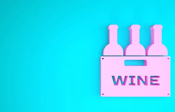 Bouteilles roses de vin dans une boîte en bois icône isolée sur fond bleu. Bouteilles de vin dans une icône de caisse en bois. Concept de minimalisme. Illustration 3D rendu 3D — Photo