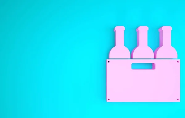 Bouteilles roses de vin dans une boîte en bois icône isolée sur fond bleu. Bouteilles de vin dans une icône de caisse en bois. Concept de minimalisme. Illustration 3D rendu 3D — Photo