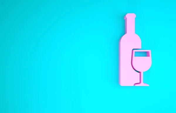 Pink Wine bottle with wine glass icon isolated on blue background. Minimalism concept. 3d illustration 3D render