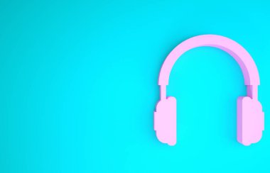 Mavi arkaplanda pembe kulaklık simgesi var. Kulaklık işareti. Müzik, hizmet, iletişim ve operatör için kavramsal nesne. Minimalizm kavramı. 3d illüstrasyon 3d canlandırma