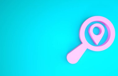 Pembe Arama konumu simgesi mavi arkaplanda izole edildi. İşaretli büyüteç. Minimalizm kavramı. 3d illüstrasyon 3d canlandırma