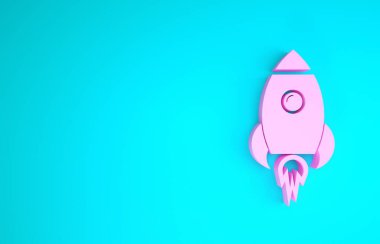 Mavi arka planda ateş ikonu olan Pembe Roket gemisi. Uzay yolculuğu. Minimalizm kavramı. 3d illüstrasyon 3d canlandırma