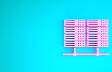 Pembe Sunucu, Data, Web sunucu simgesi mavi arkaplanda izole edildi. Minimalizm kavramı. 3d illüstrasyon 3B canlandırma