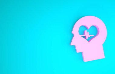 Mavi arka planda izole edilmiş kalp atışı ikonu olan pembe erkek kafası. Akıl sağlığı, sağlık ve sağlık sigortası olan bir kafa. Minimalizm kavramı. 3d illüstrasyon 3d canlandırma