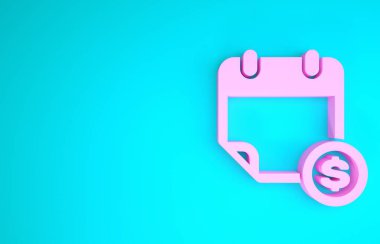 Pembe Finansal Takvim simgesi mavi arkaplanda izole edildi. Yıllık ödeme günü, aylık bütçe planlaması, sabit dönem konsepti, kredi süresi. Minimalizm kavramı. 3d illüstrasyon 3d canlandırma