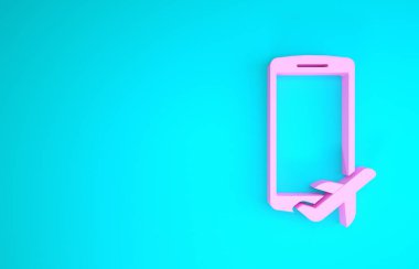 Cep telefonu simgesindeki pembe uçuş modu mavi arkaplanda izole edildi. Uçak ya da uçak çevrimdışı mod yolcu tüzüğü havayolu. Minimalizm kavramı. 3d illüstrasyon 3d canlandırma
