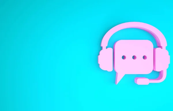 Pink Headphones with speech bubble icon isolated on blue background. Support customer services, hotline, call center, guideline, maintenance. Minimalism concept. 3d illustration 3D render — Stock Photo, Image