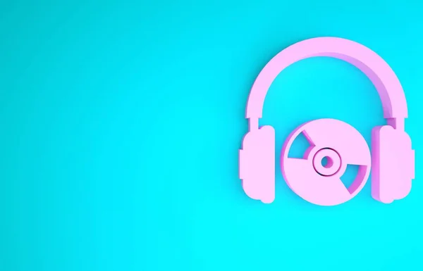 Pink Headphones and CD or DVD icon isolated on blue background. Earphone sign. Compact disk symbol. Minimalism concept. 3d illustration 3D render — Stock Photo, Image