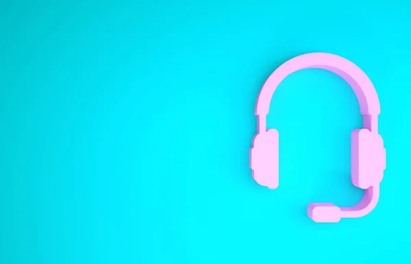 Headphones rosa com ícone de microfone isolado no fundo azul. Objeto conceitual para ouvir música, serviço, comunicação e operador. Conceito de minimalismo. 3D ilustração 3D render — Fotografia de Stock