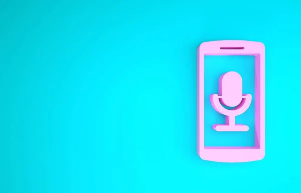Icona di registrazione Pink Mobile isolata su sfondo blu. Cellulare con microfono. Interfaccia smartphone app registratore vocale. Concetto minimalista. Illustrazione 3d rendering 3D — Foto Stock