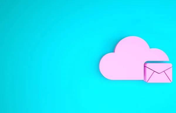 Ikona Pink Cloud mail serveru izolované na modrém pozadí. Cloud server hosting pro e-mail. Služba zpráv online. Znamení poštovní schránky. Minimalismus. 3D ilustrace 3D vykreslení — Stock fotografie