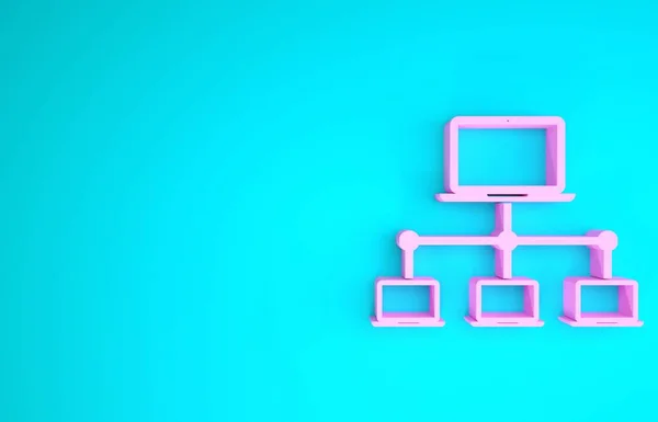 Ícone de rede Pink Computer isolado no fundo azul. Rede de portáteis. Ligação à Internet. Conceito de minimalismo. 3D ilustração 3D render — Fotografia de Stock