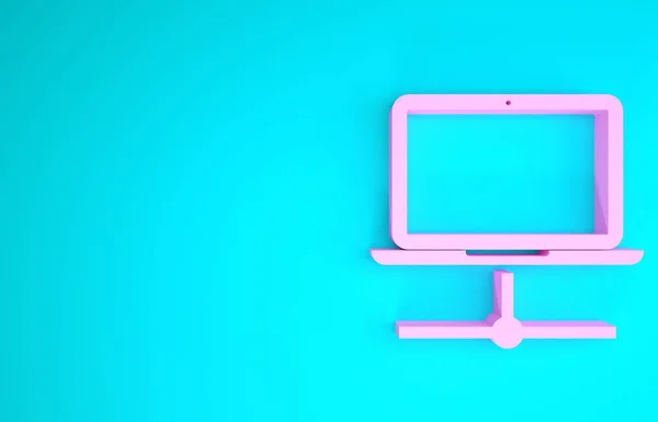 Pink Computer network icon isolated on blue background. Laptop network. Internet connection. Minimalism concept. 3d illustration 3D render