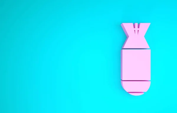 Иконка бомбы розового цвета выделена на синем фоне. Ракетная бомба падает. Концепция минимализма. 3D-рендеринг — стоковое фото