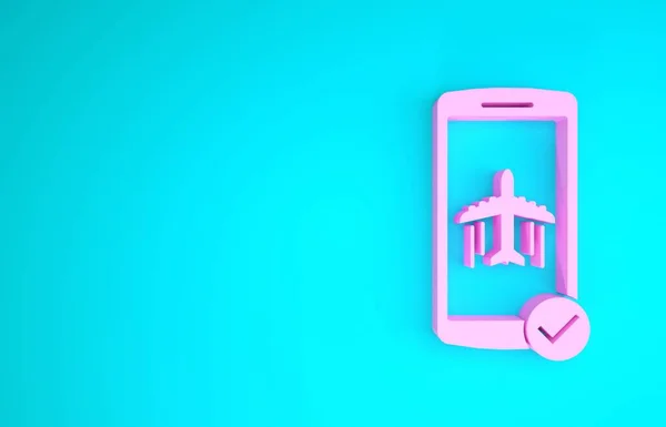 Modo Pink Flight en el icono del teléfono móvil aislado sobre fondo azul. Avión o avión vuelo fuera de línea modo aerolínea de regulación de pasajeros. Concepto minimalista. 3D ilustración 3D render — Foto de Stock