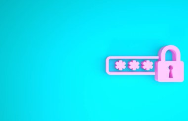 Pembe Parola koruması ve mavi arka planda izole edilmiş güvenlik erişim simgesi. Kilit simgesi. Güvenlik, güvenlik, koruma, gizlilik kavramı. Minimalizm kavramı. 3d illüstrasyon 3d canlandırma