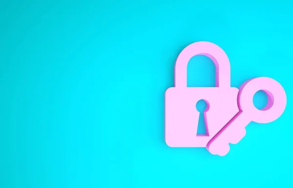 Pink Lock e ícone chave isolado no fundo azul. Sinal de cadeado. Segurança, segurança, proteção, conceito de privacidade. Conceito de minimalismo. 3D ilustração 3D render — Fotografia de Stock