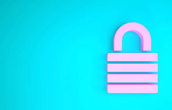 Ikon Pink Lock diisolasi dengan latar belakang biru. Padlock sign. Keamanan, keamanan, perlindungan, konsep privasi. Konsep minimalisme. Tampilan 3D ilustrasi 3d — Stok Foto