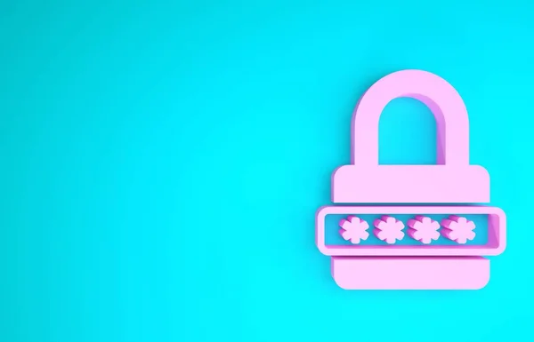 Rosa lösenord skydd och säkerhet tillgång ikon isolerad på blå bakgrund. Lås ikonen. Säkerhet, skydd, integritetskoncept. Minimalistiskt koncept. 3D-illustration 3D-återgivning — Stockfoto