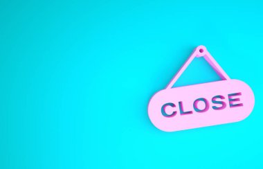 Mavi arkaplanda izole edilmiş metni kapat simgesi olan pembe asma işareti. Kafe ya da restoran için iş teması. Minimalizm kavramı. 3d illüstrasyon 3d canlandırma