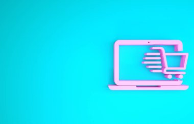 Ekran dizüstü bilgisayarındaki pembe alışveriş arabası mavi arka planda izole edilmiş. Konsept e-ticaret, e-ticaret, online iş pazarlama. Minimalizm kavramı. 3d illüstrasyon 3d canlandırma