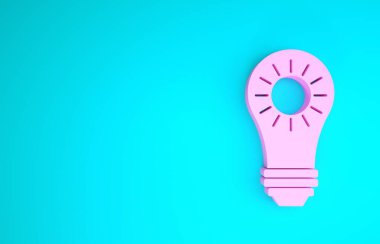 Pembe Güneş enerjisi simgesi mavi arkaplanda izole edilmiş. Güneş ve ampul. Minimalizm kavramı. 3d illüstrasyon 3d canlandırma