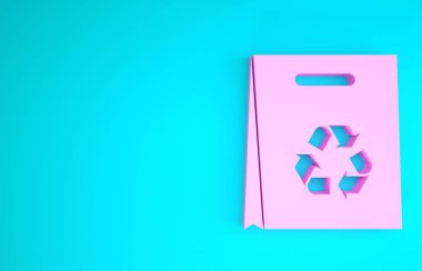 Mavi zemin üzerinde geri dönüşüm simgesi olan pembe kağıt alışveriş torbası. Geri dönüşüm sembollü çanta. Minimalizm kavramı. 3d illüstrasyon 3B canlandırma