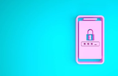 Pembe cep telefonu ve şifre koruma simgesi mavi arkaplanda izole edildi. Güvenlik, güvenlik, kişisel erişim, kullanıcı izni, mahremiyet. Minimalizm kavramı. 3d illüstrasyon 3d canlandırma