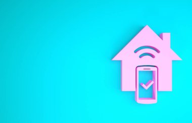 Pink Smart ev - uzaktan kumanda sistemi simgesi mavi arkaplanda izole edildi. Minimalizm kavramı. 3d illüstrasyon 3d canlandırma