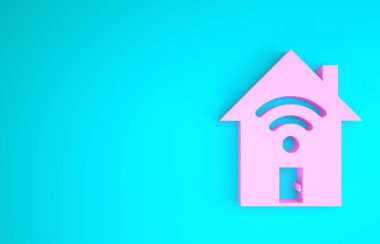 Mavi arka planda kablosuz ağ ikonu olan Pink Smart evi. Uzaktan kumanda. Minimalizm kavramı. 3d illüstrasyon 3d canlandırma