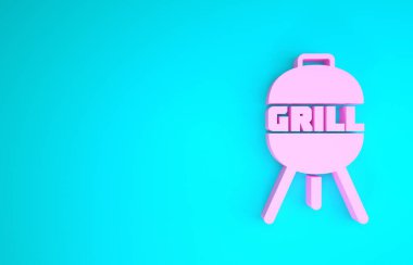 Mavi arka planda Pembe Barbekü Izgara ikonu var. Barbekü ızgara partisi. Minimalizm kavramı. 3d illüstrasyon 3d canlandırma